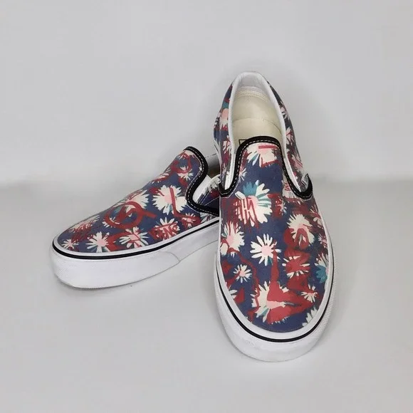Vans Women's Floral Slip-On Shoes - Red and Blue - Picture 5 of 12